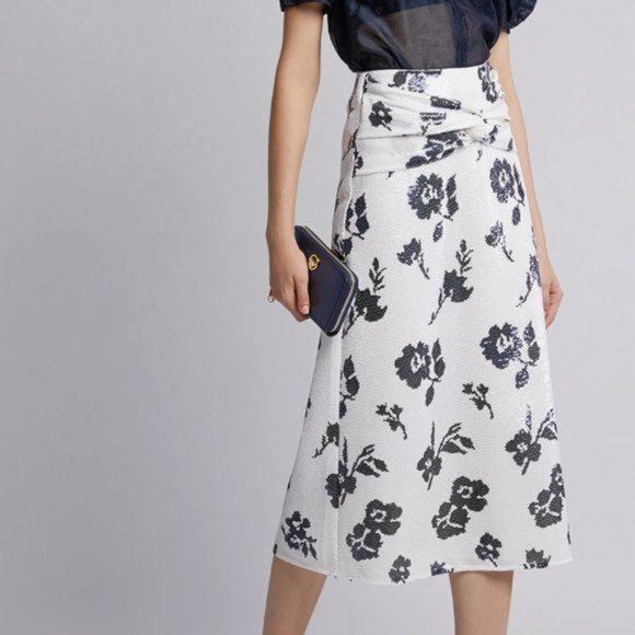 Self-Portrait Dresses & Skirts - Self-Portrait Women's White Blue Floral Sequin Midi Skirt 4